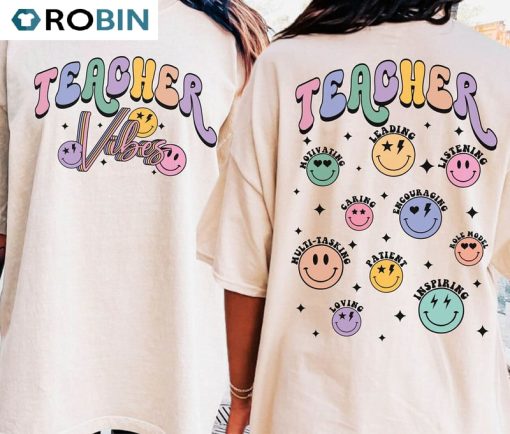 Retro Teacher Vibes Shirt, Groovy Smiley Face Tee Tops Sweater