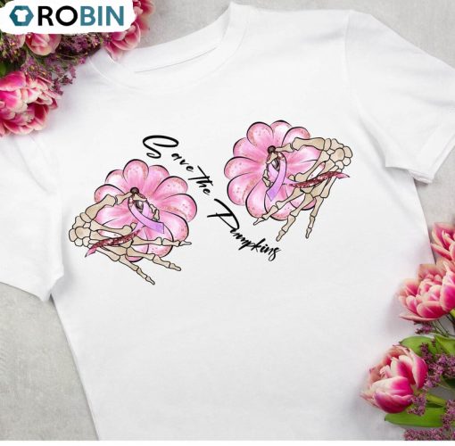 Save The Pumpkins Breast Cancer Awareness Shirt, Pumpkins Skeleton Long Sleeve Unisex T Shirt