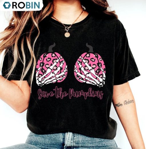 Save The Pumpkins Skeleton Hand Shirt, Pink Pumpkin Short Sleeve Tee Tops