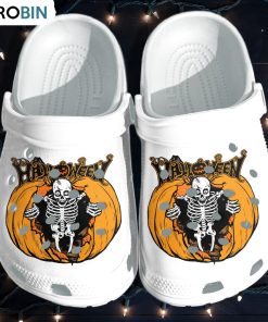 Skeleton Tattoo Going Out Of Pumpkin Crocs Shoes