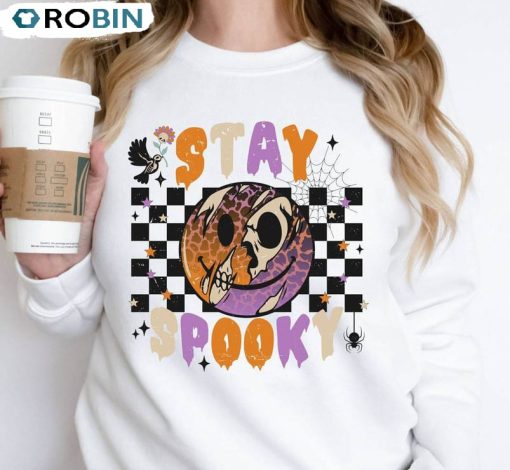 Stay Spooky Retro Shirt, Halloween Smile Face Short Sleeve Unisex Hoodie