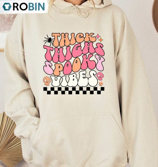 Thick Thighs Spooky Vibes Checkerboard Shirt, Retro Halloween Party Short Sleeve Sweater