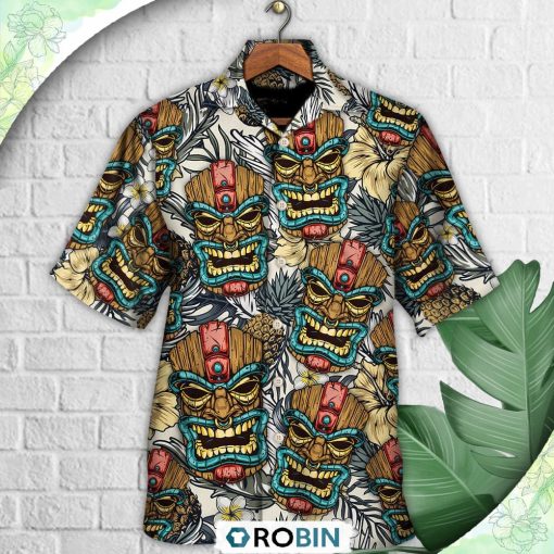 Tiki Tribal Mask With Tropical Leaves Casual Button-Down Shirt