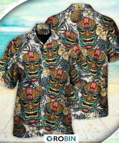 Tiki Tribal Mask With Tropical Leaves Casual Button-Down Shirt Tiki Tribal Mask With Tropical Leaves Casual Button-Down Shirt
