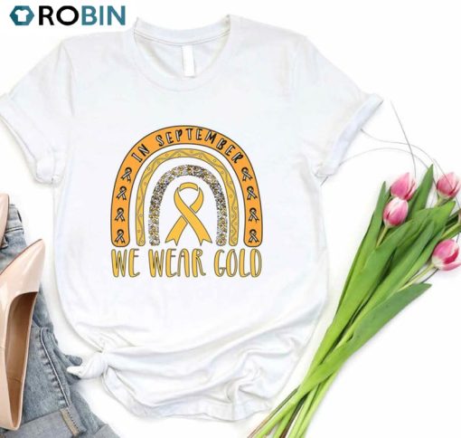 We Wear Gold Childhood Cancer Shirt, Gold Ribbon Awareness Long Sleeve Unisex Hoodie