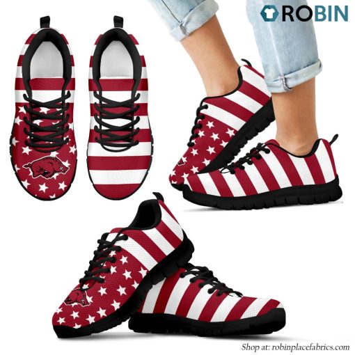 Arkansas Razorbacks America Flag Stripes Pattern Breathable Running Shoes