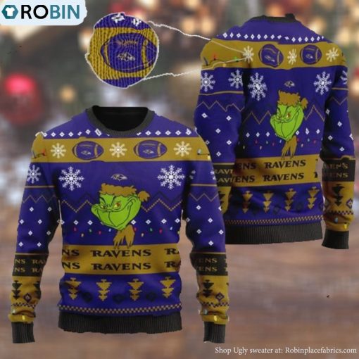 Baltimore Ravens American NFL Football Team Logo Cute Grinch 3D Men And Women Ugly Sweater