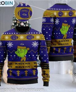 Baltimore Ravens American NFL Football Team Logo Cute Grinch 3D Men And Women Ugly Sweater