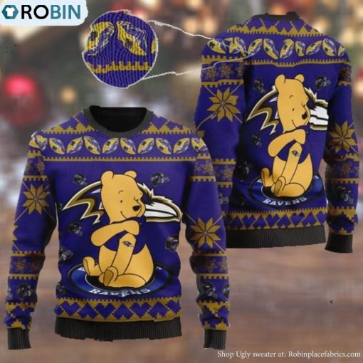 Baltimore Ravens NFL American Football Team Logo Cute Winnie The Pooh Bear 3D Ugly Christmas Sweater