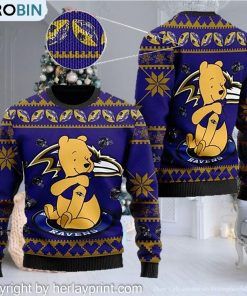 Baltimore Ravens NFL American Football Team Logo Cute Winnie The Pooh Bear 3D Ugly Christmas Sweater