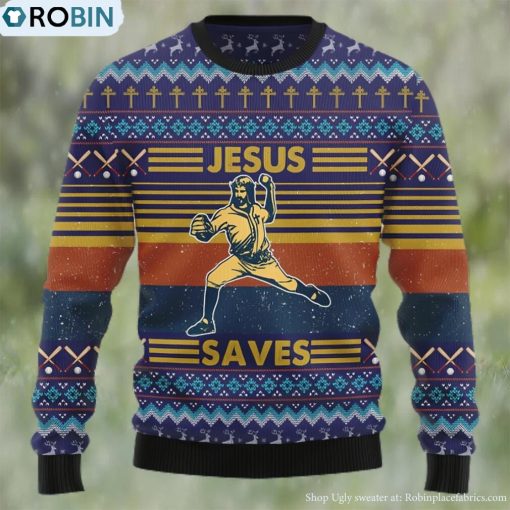 Baseball Jesus Save Ugly Christmas Sweater