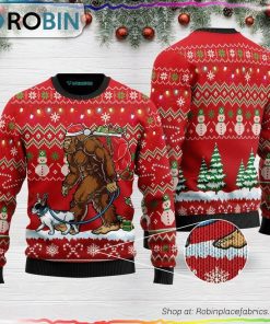 Bigfoot French Bulldog Red Ugly Christmas Sweater
