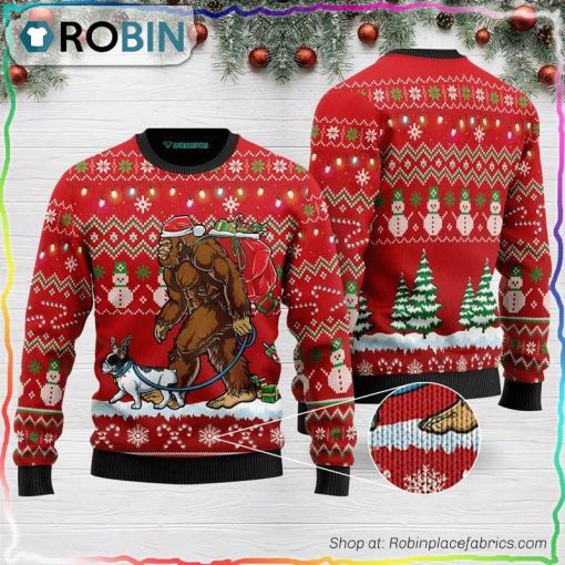 Bigfoot French Bulldog Red Ugly Christmas Sweater