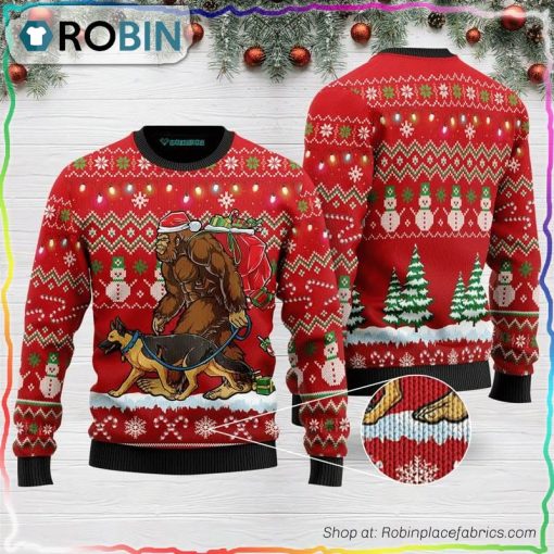 Bigfoot German Shepherd Red Ugly Christmas Sweater