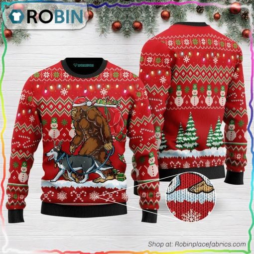 Bigfoot Huskey Red Ugly Christmas Sweater