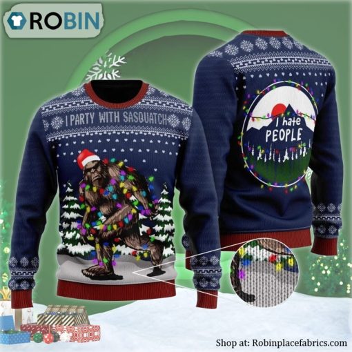 Bigfoot Santa Christmas Tree Lights Hate People Ugly Christmas Sweater