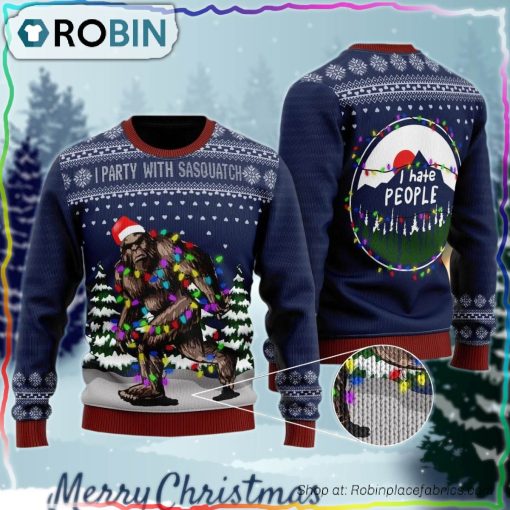 Bigfoot Santa Christmas Tree Lights Hate People Ugly Sweater