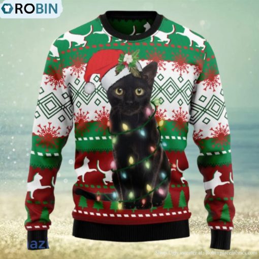 Black Cat Light Christmas Knitting Pattern Christmas 3D Sweater