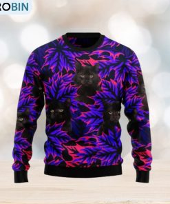 Black Cat Purple Leaves Patten Christmas 3D Sweater