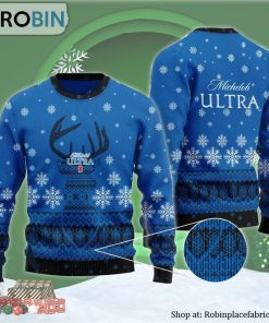 Blue Michelob Ultra Reindeer Snowy Ugly Christmas Sweater