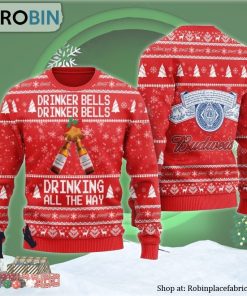 Budweiser Drinker Bells Drinking All The Way Ugly Christmas Sweater