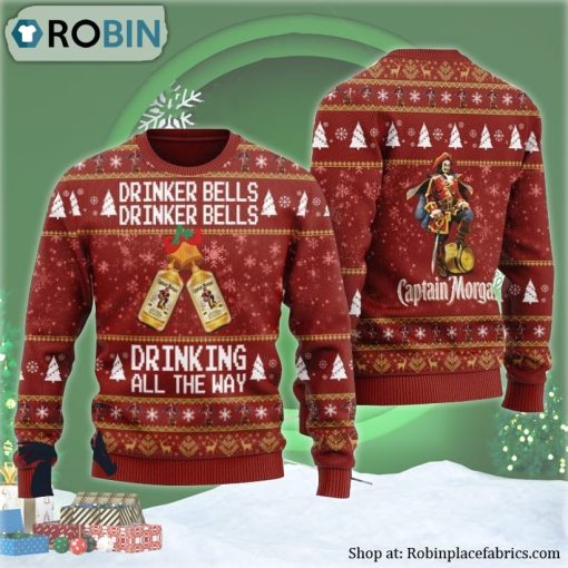 Captain Morgan Drinker Bells Drinking All The Way Ugly Christmas Sweater