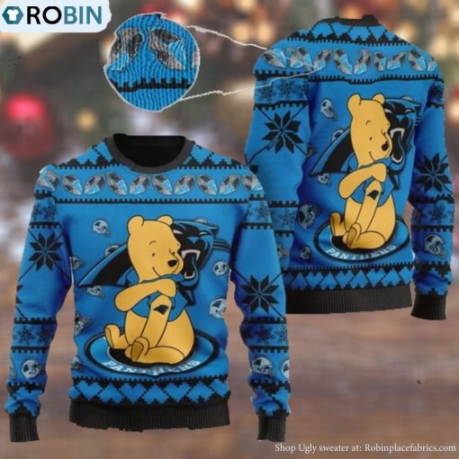 Carolina Panthers NFL American Football Team Logo Cute Winnie The Pooh Bear 3D Ugly Christmas Sweater