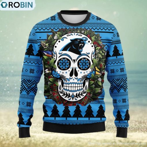 Carolina Panthers Skull Flower Ugly Christmas Ugly Sweater