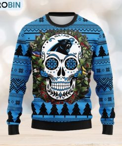 Carolina Panthers Skull Flower Ugly Christmas Ugly Sweater