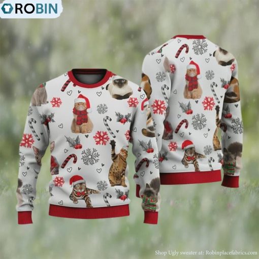 Cat Christmas Sweater, Santa Cat And Candy Cane Ugly Christmas Sweater 3D For Christmas