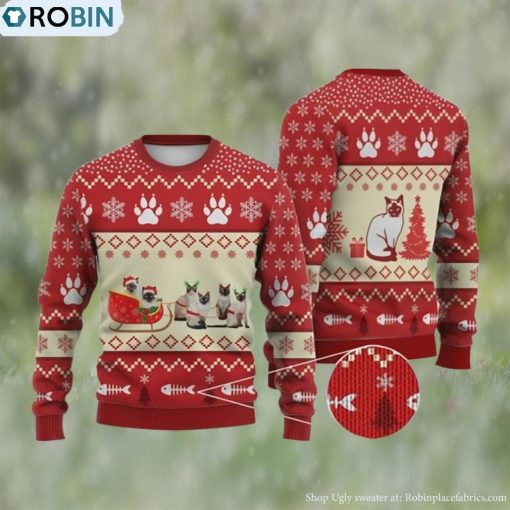Cat Christmas Sweater, Siamese Cat Reindeer Ugly Christmas Sweater 3D For Xmas