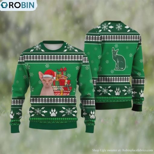 Cat Christmas Sweater, Sphynx Cat Falling Snowflakes Ugly Christmas Sweater 3D