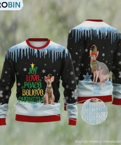 Cat Christmas Sweater, Sphynx Cat Joy Love Peace Believe Ugly Christmas Sweater