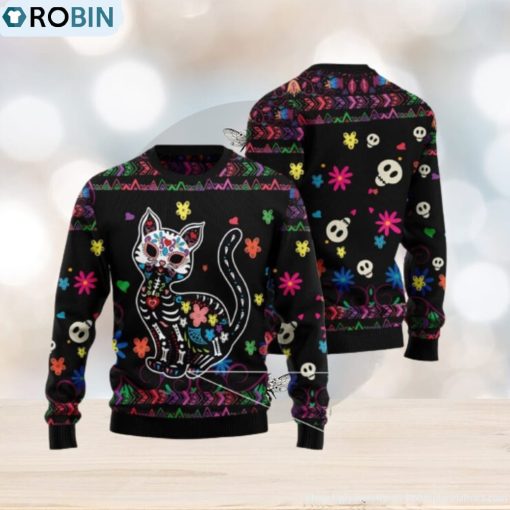 Cat Sugar Skull Floral Pattern Ugly Christmas 3D Sweater