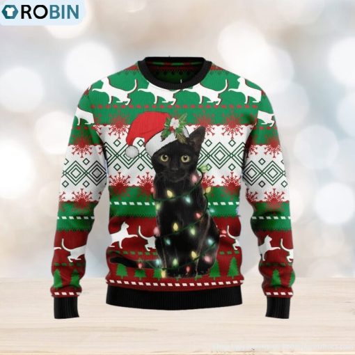 Christmas Ugly Sweater Black Cat Light Funny Sweater Gift For Men And Women