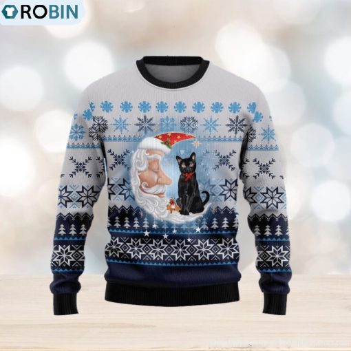 Christmas Ugly Sweater Black Cat Love Santa Moon Funny Sweater Gift For Men And Women