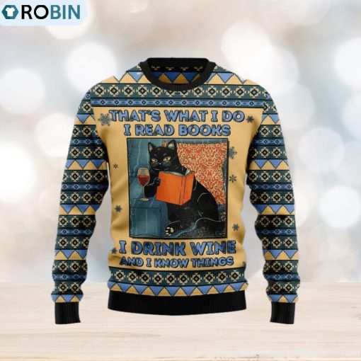 Christmas Ugly Sweater Black Cat Read Books Drink Wine Funny Sweater Gift For Men And Women