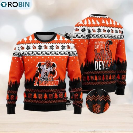 Cincinnati Bengals – Joe Burrow #9 Super Bowl My Favorite Day Is Whoo Dey Ugly Christmas Sweater