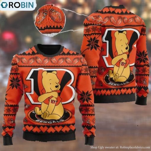 Cincinnati Bengals NFL American Football Team Logo Cute Winnie The Pooh Bear 3D Ugly Christmas Sweater