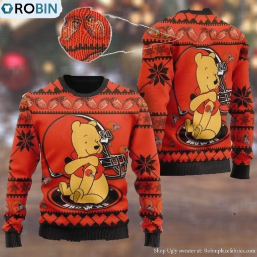 Cleveland Browns NFL American Football Team Logo Cute Winnie The Pooh Bear 3D Ugly Christmas Sweater Days