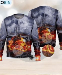 Cool Fire Burning Motorcycle Biker 3D Full Print Ugly Sweater Christmas Gift Sweater