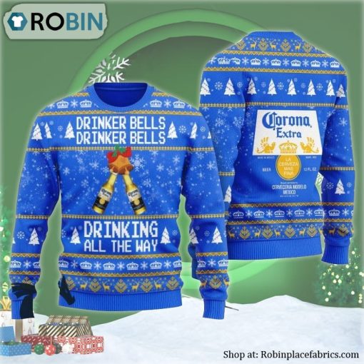 Corona Beer Drinker Bells Drinking All The Way Ugly Christmas Sweater