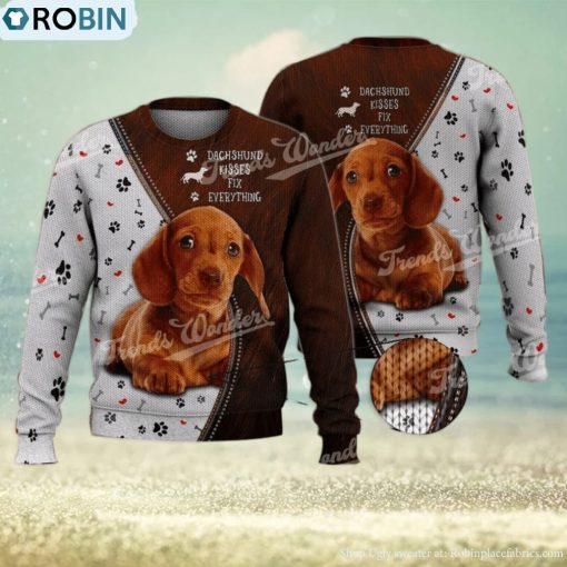 Dachshund Kisses Fix Everything Brown Cute 3D Full Print Ugly Sweater Christmas Gift Sweater