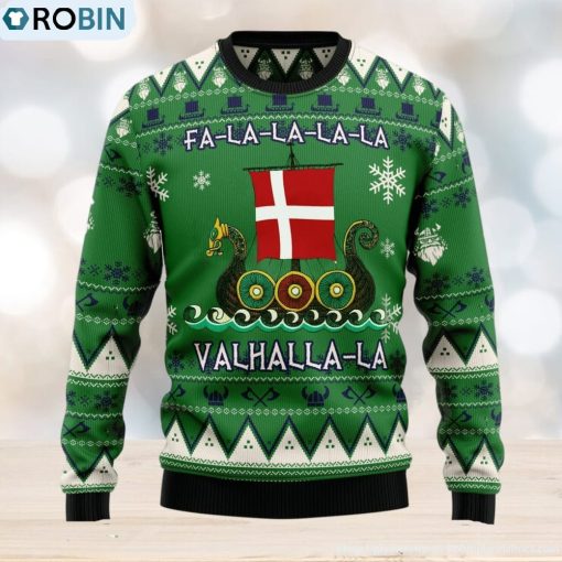 Denmark Viking Ugly Christmas Sweater Dragon Boat Fa La La La Valhalla 3D Christmas Sweater