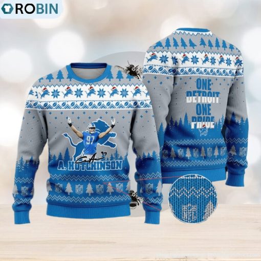 Detroit Lions – Aidan Hutchinson #97 One Detroit One Pride Ugly Christmas Sweater