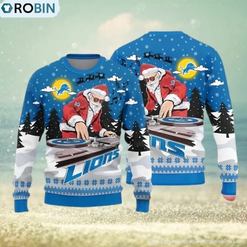 Detroit Lions Logo Knitted Funny DJ Santa Ugly Christmas Sweater