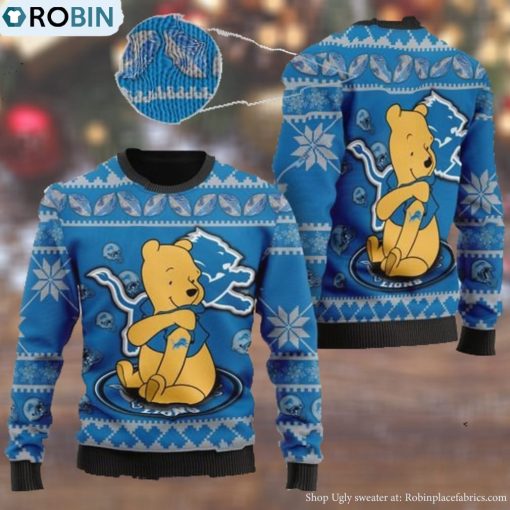 Detroit Lions NFL American Football Team Logo Cute Winnie The Pooh Bear 3D Ugly Christmas Sweater