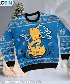 Detroit Lions NFL American Football Team Logo Cute Winnie The Pooh Bear 3D Ugly Christmas Sweater