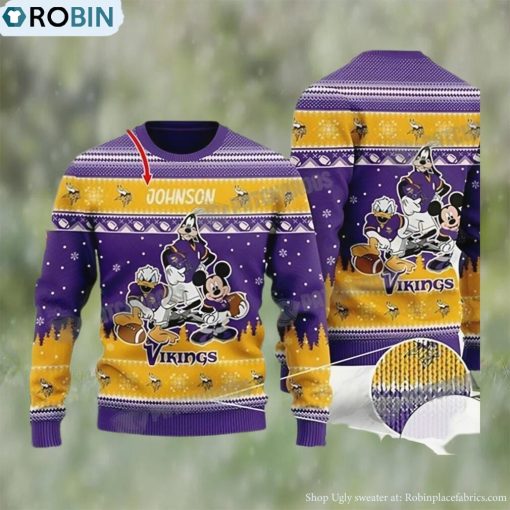 Disney Donald Duck Mickey Mouse Goofy Minnesota Vikings Personalized Christmas Ugly Sweater