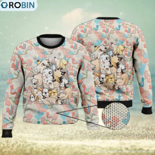 Dogs On Pink And Blue Birds Background Full Print 3D Ugly Sweater Christmas Gift Sweater